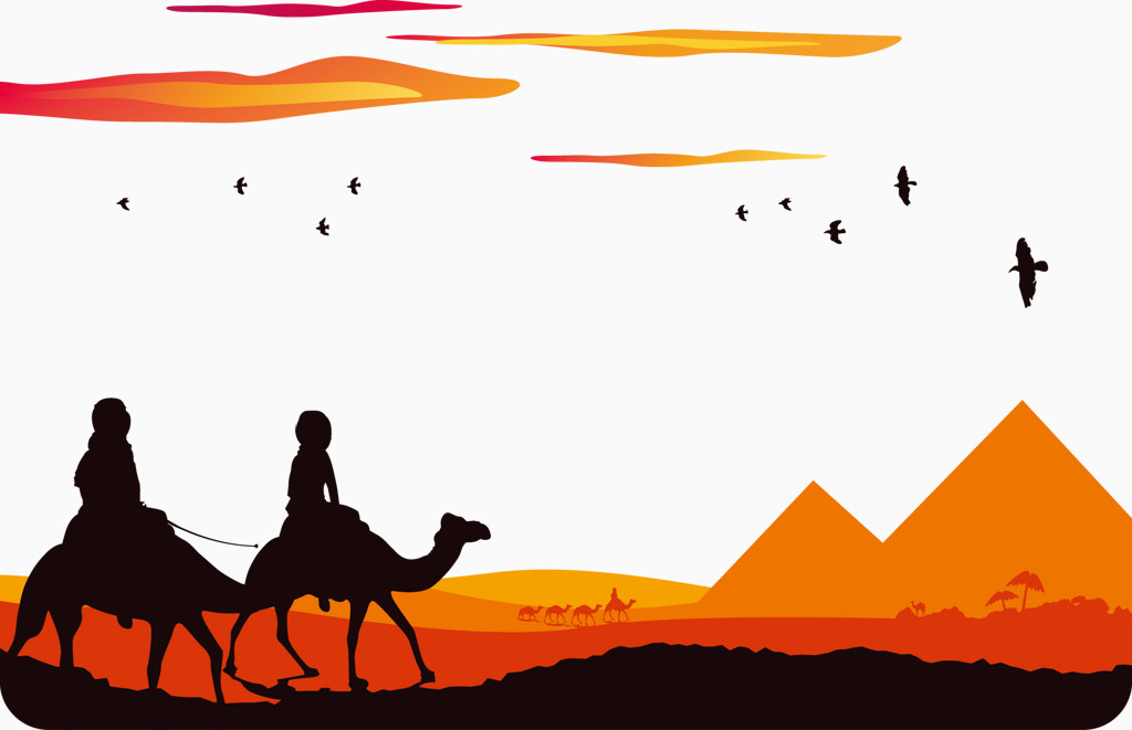 夕阳下沙漠骆驼矢量图